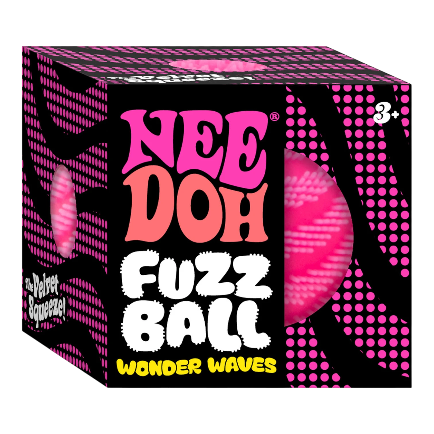 Squish Planet NeeDoh Fuzz Ball Wonder Waves, a pink fuzzy sensory fidget toy with a wave pattern and squishy core.